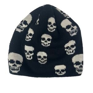 Aldo Mens Black White Skull Print Knit Beanie Hat Made in Canada One Size